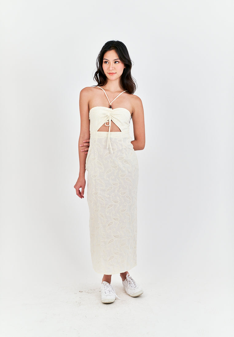 Clarestine Beige Eyelet Halter Beaded Strap Hollow Back Side Slit Maxi Dress