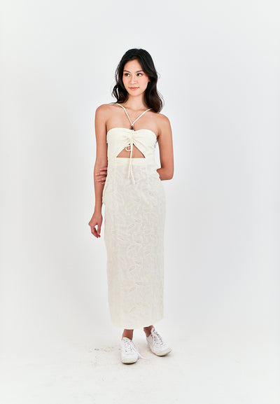 Clarestine Beige Eyelet Halter Beaded Strap Hollow Back Side Slit Maxi Dress