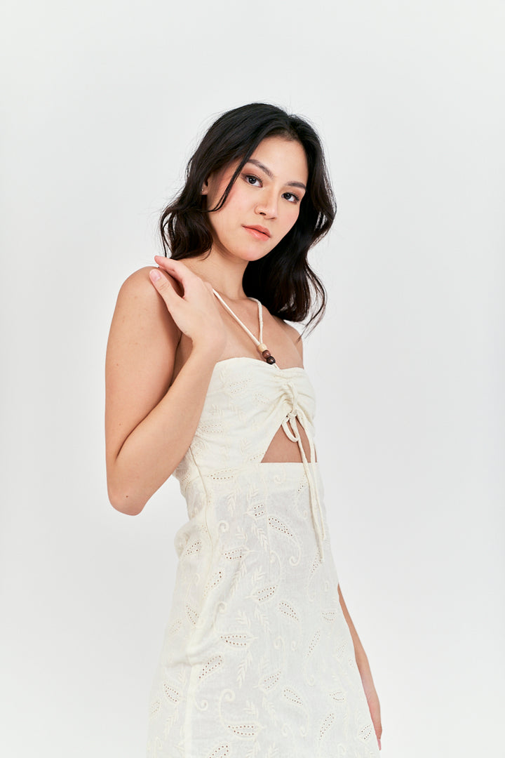Clarestine Beige Eyelet Halter Beaded Strap Hollow Back Side Slit Maxi Dress
