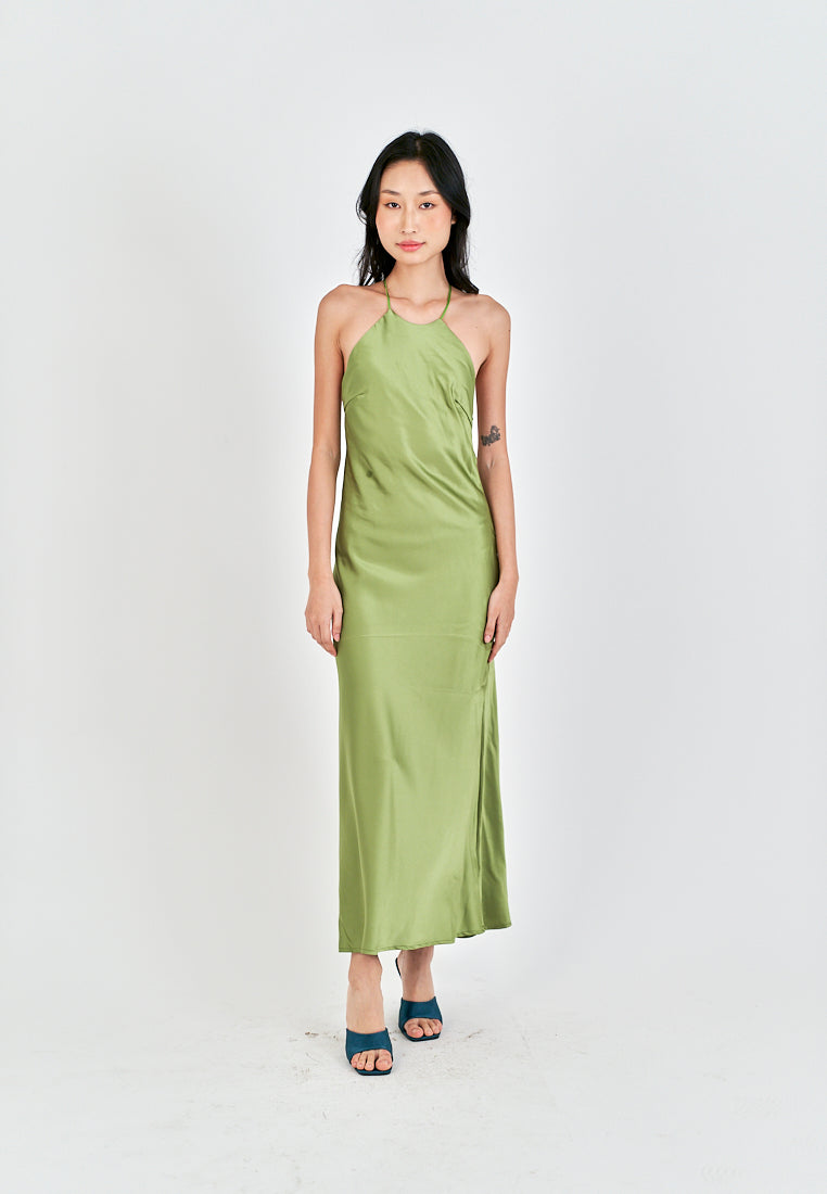 Freedom Green Satin Crisscross Sexy Back Side Zipper Sleeveless Maxi Dress