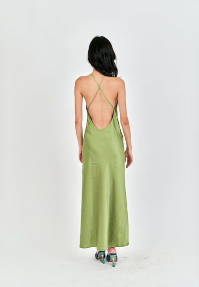 Freedom Green Satin Crisscross Sexy Back Side Zipper Sleeveless Maxi Dress