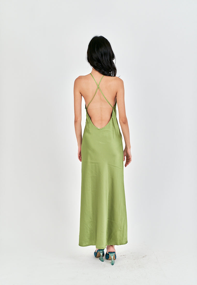 Freedom Green Satin Crisscross Sexy Back Side Zipper Sleeveless Maxi Dress