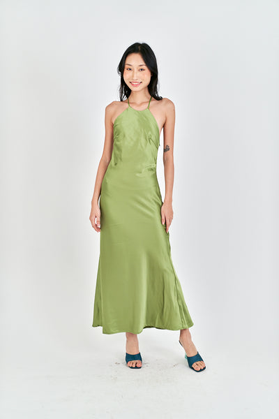 Freedom Green Satin Crisscross Sexy Back Side Zipper Sleeveless Maxi Dress