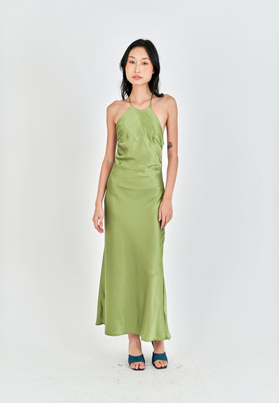 Freedom Green Satin Crisscross Sexy Back Side Zipper Sleeveless Maxi Dress