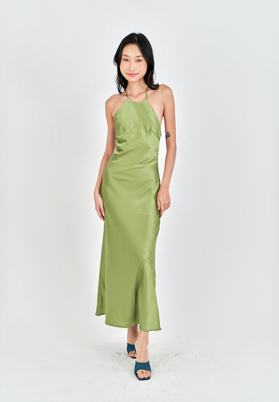 Freedom Green Satin Crisscross Sexy Back Side Zipper Sleeveless Maxi Dress