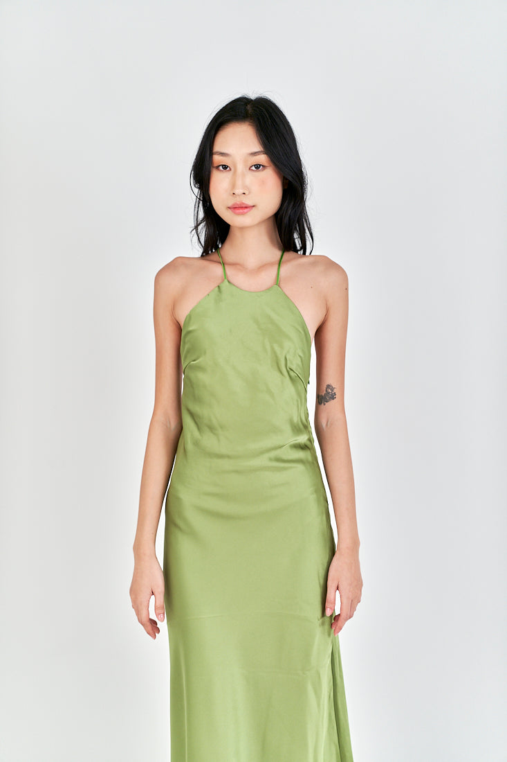 Freedom Green Satin Crisscross Sexy Back Side Zipper Sleeveless Maxi Dress