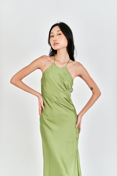 Freedom Green Satin Crisscross Sexy Back Side Zipper Sleeveless Maxi Dress