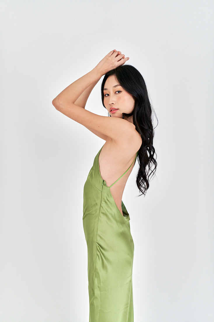 Freedom Green Satin Crisscross Sexy Back Side Zipper Sleeveless Maxi Dress