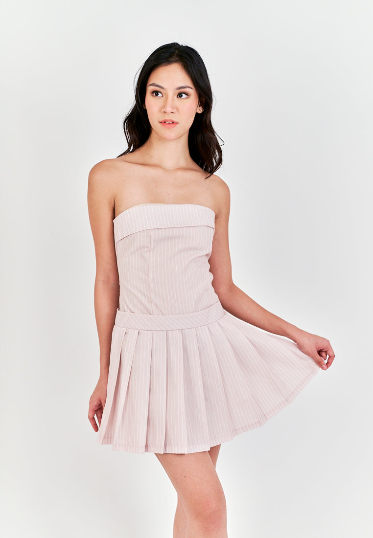 Jenah Biege with White Stripes Print Folded Neckline Pleated Mini Dress