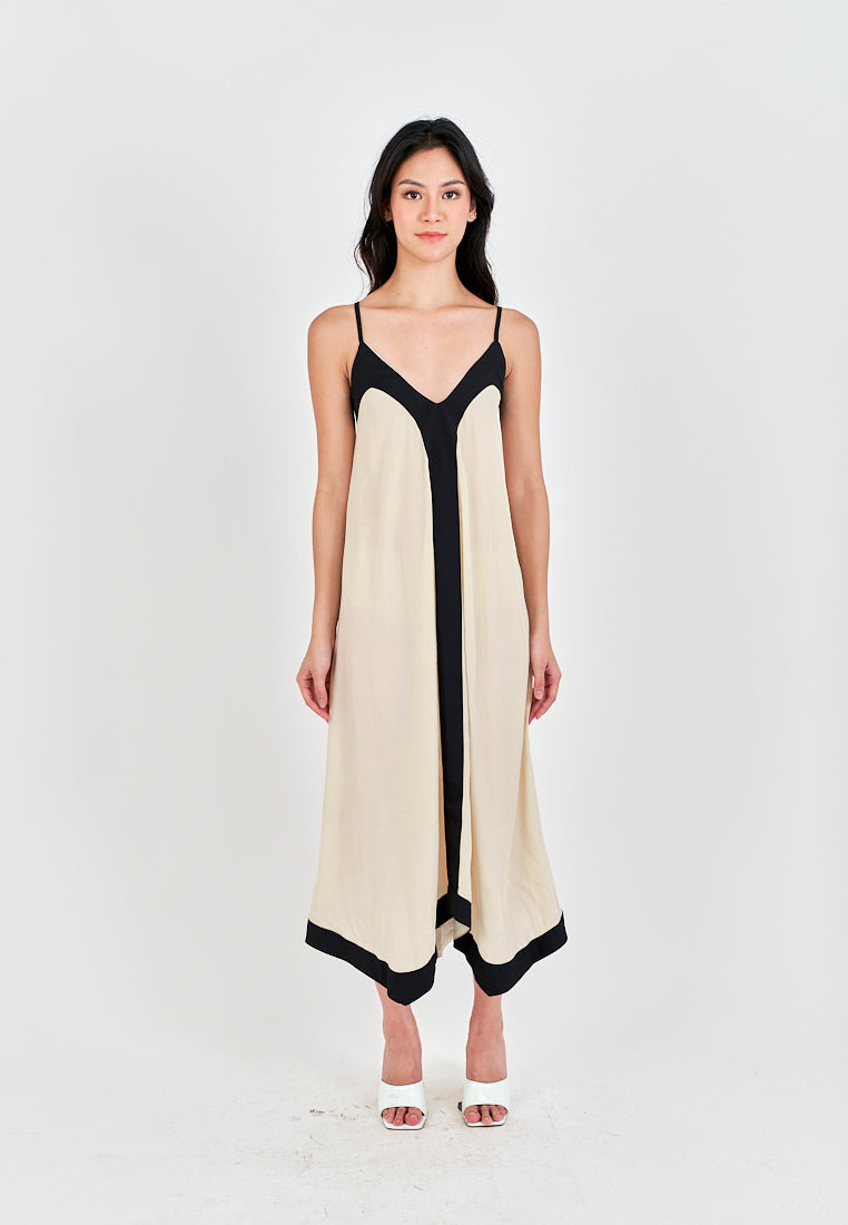Avi White with Black Edges V Neck Adjustable Spaghetti Strap Midi Dress