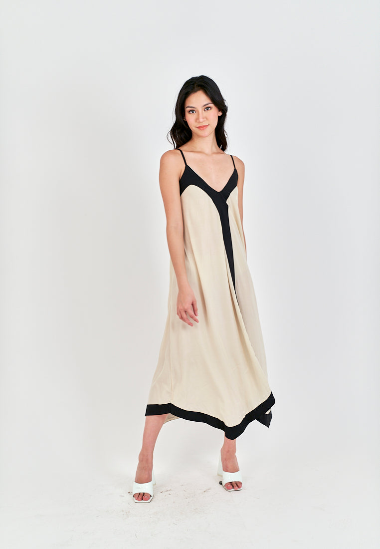 Avi White with Black Edges V Neck Adjustable Spaghetti Strap Midi Dress