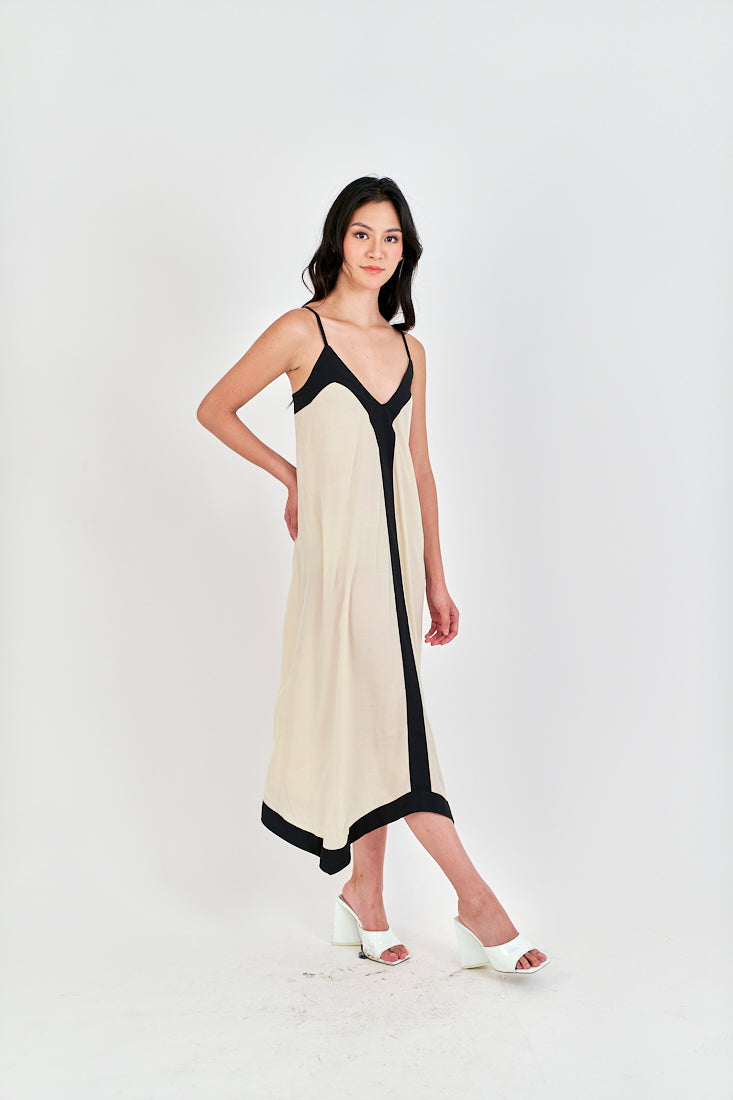 Avi White with Black Edges V Neck Adjustable Spaghetti Strap Midi Dress