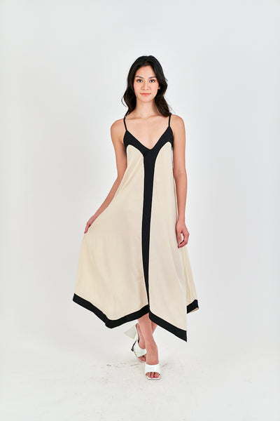 Avi White with Black Edges V Neck Adjustable Spaghetti Strap Midi Dress