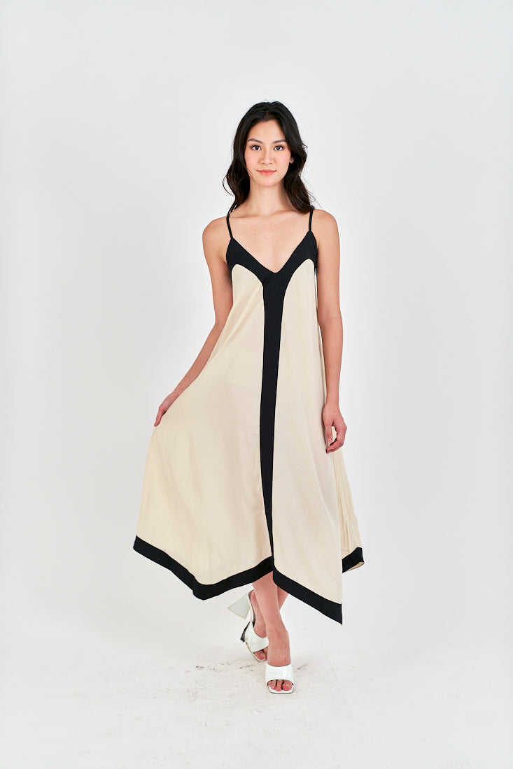 Avi White with Black Edges V Neck Adjustable Spaghetti Strap Midi Dress