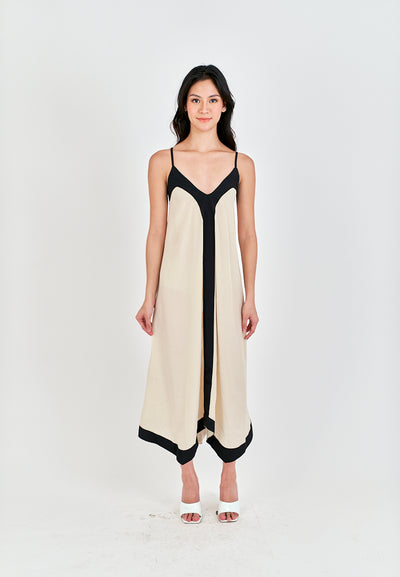 Avi White with Black Edges V Neck Adjustable Spaghetti Strap Midi Dress