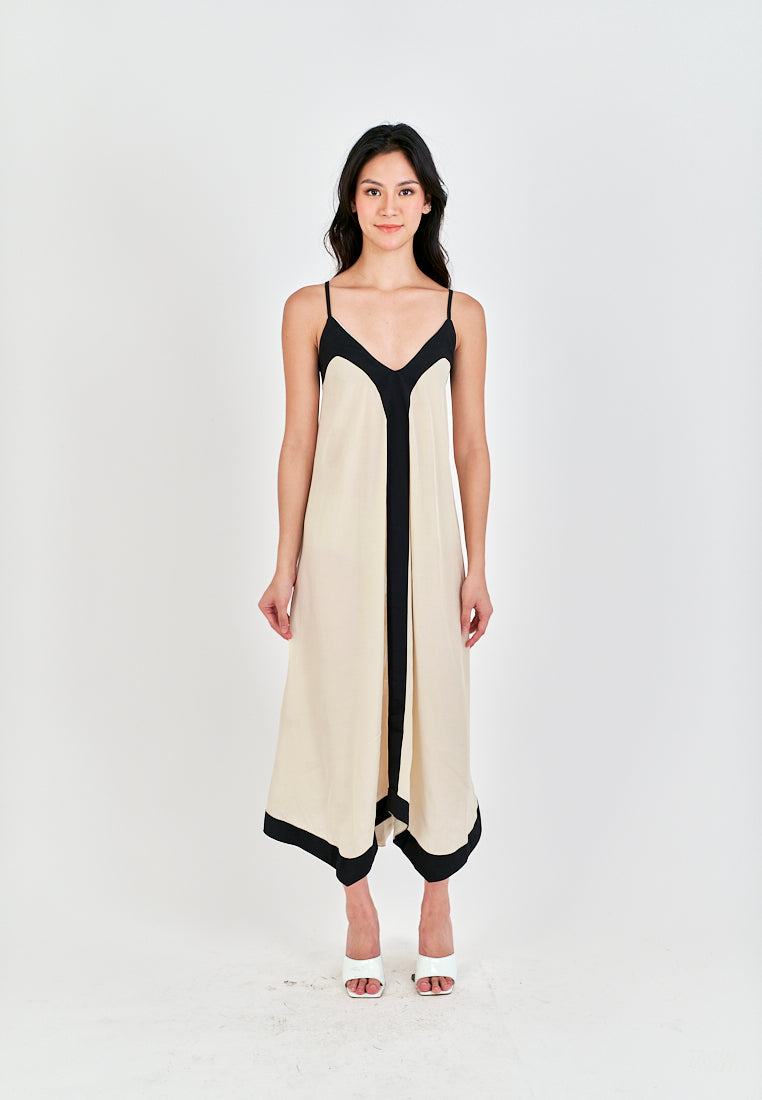 Avi White with Black Edges V Neck Adjustable Spaghetti Strap Midi Dress