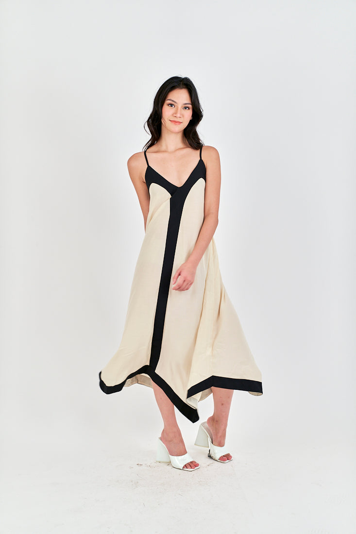 Avi White with Black Edges V Neck Adjustable Spaghetti Strap Midi Dress