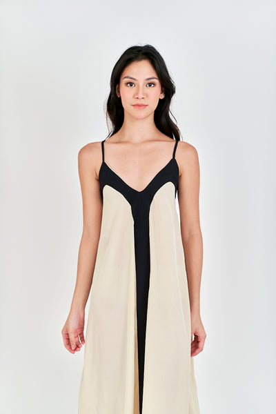 Avi White with Black Edges V Neck Adjustable Spaghetti Strap Midi Dress