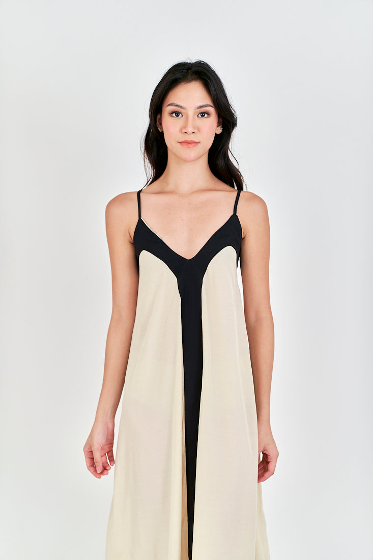 Avi White with Black Edges V Neck Adjustable Spaghetti Strap Midi Dress