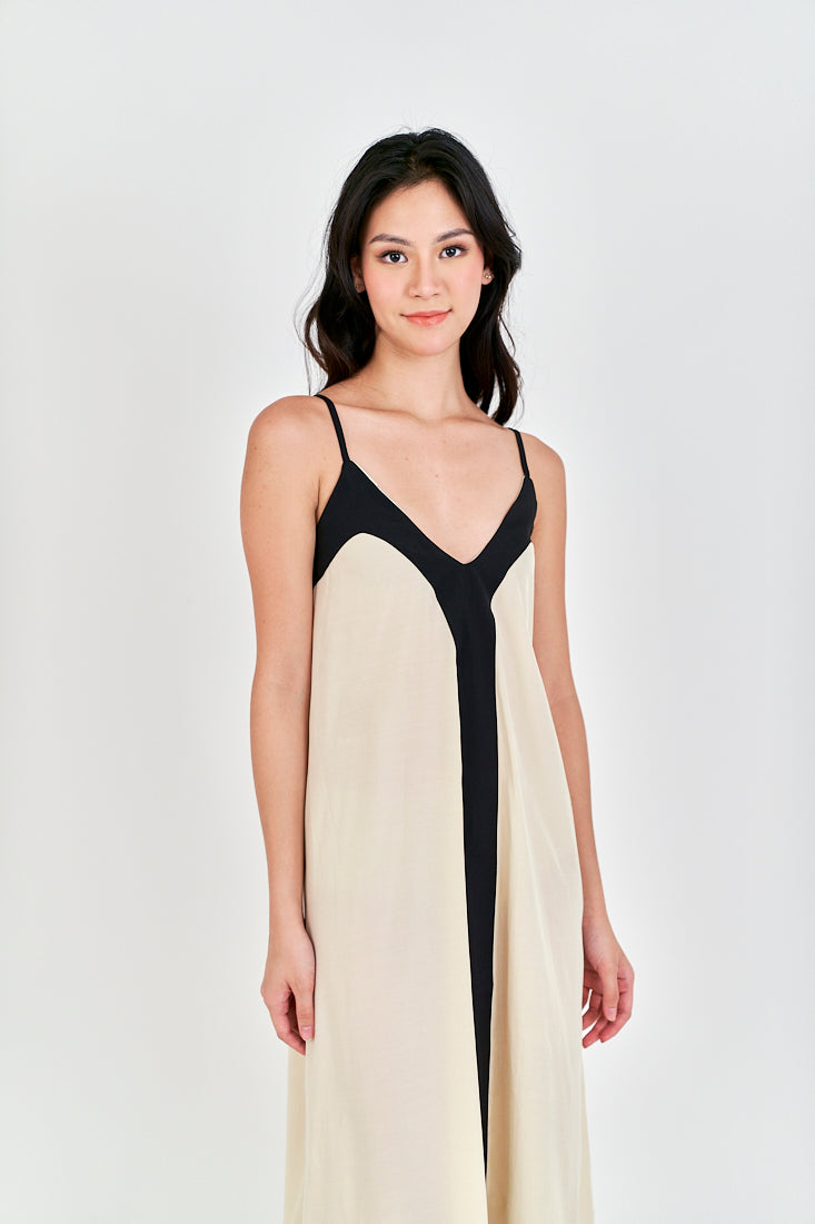 Avi White with Black Edges V Neck Adjustable Spaghetti Strap Midi Dress