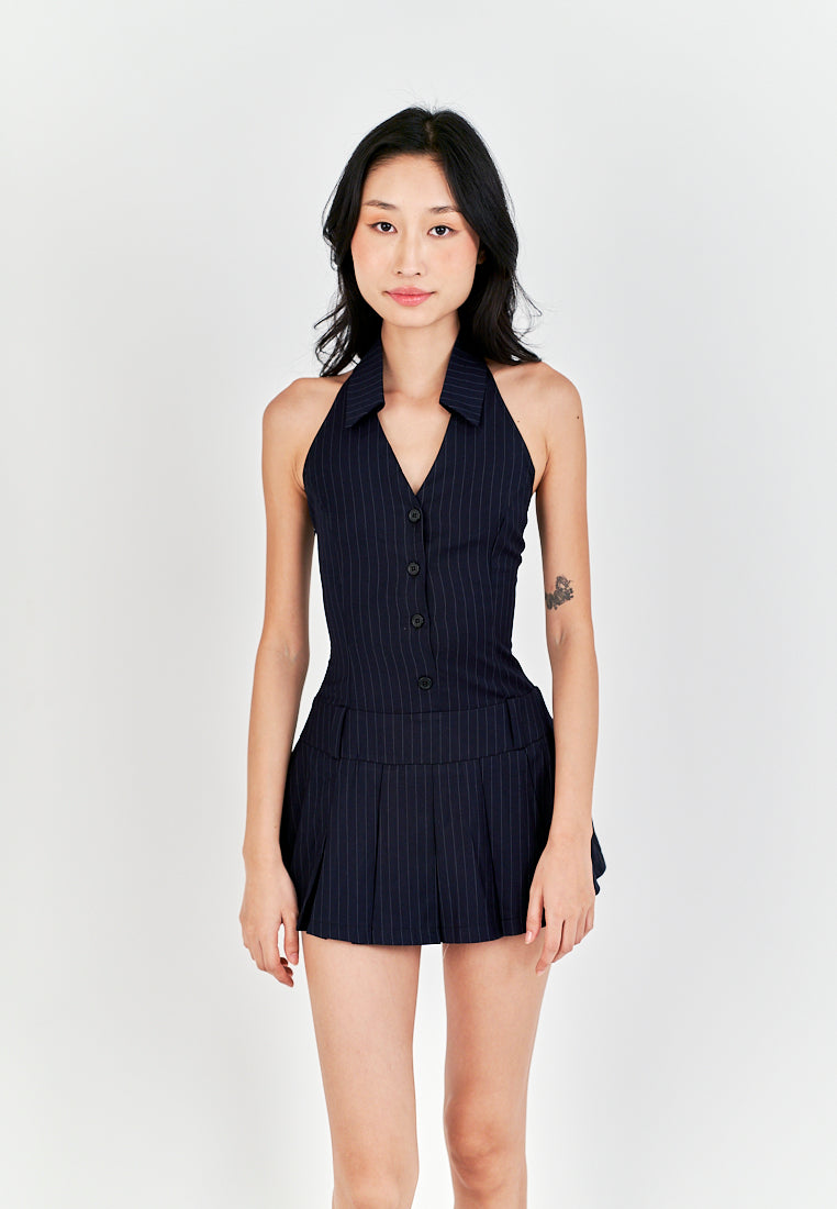 Thraia Navy Blue Stripes V Neck Collared Buttons Up Open Back Pleated Mini Dress