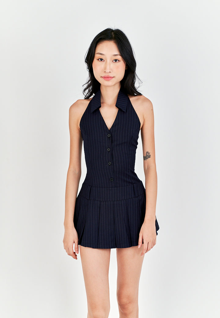 Thraia Navy Blue Stripes V Neck Collared Buttons Up Open Back Pleated Mini Dress