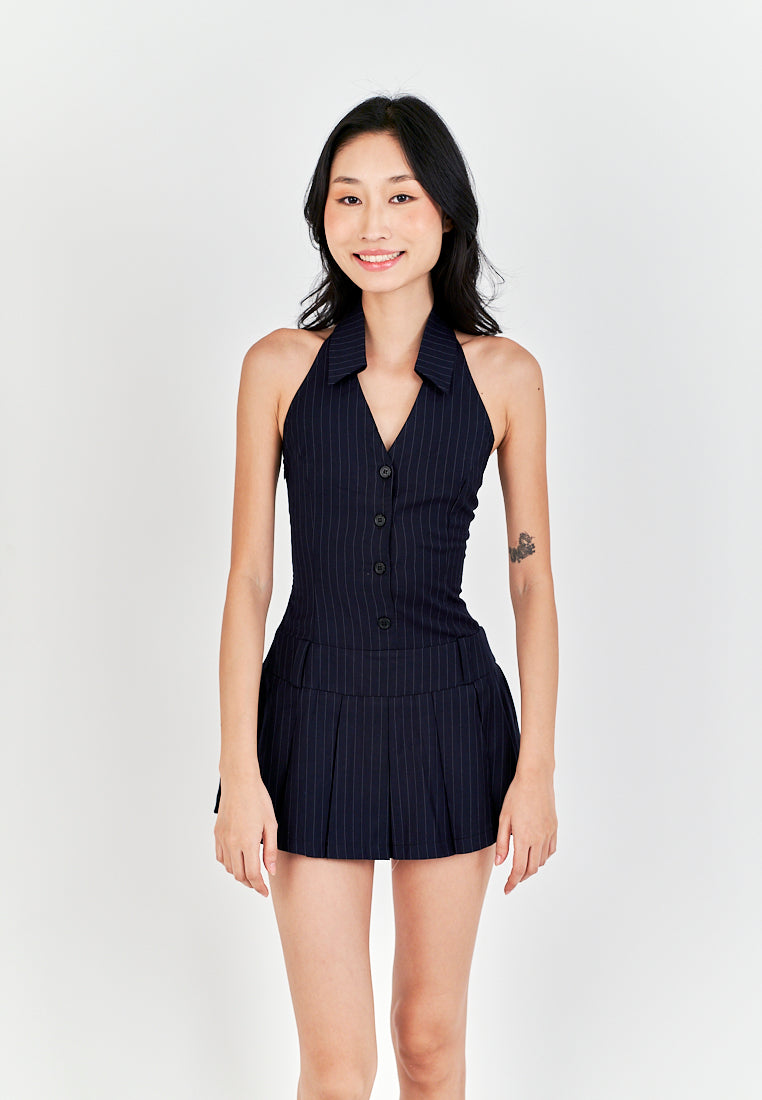 Thraia Navy Blue Stripes V Neck Collared Buttons Up Open Back Pleated Mini Dress