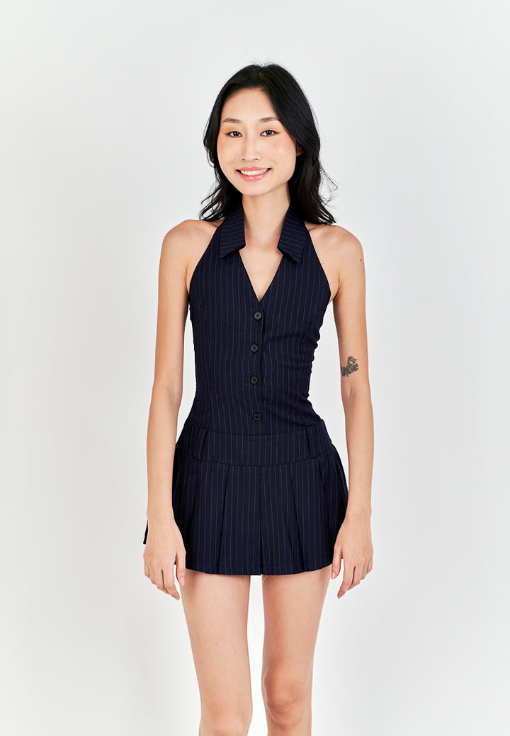 Thraia Navy Blue Stripes V Neck Collared Buttons Up Open Back Pleated Mini Dress