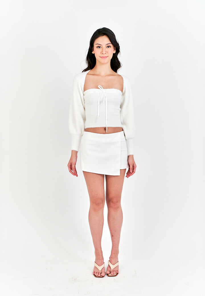 Vivoree White Knitted Square Neck Bow Bust Long Sleeves Crop Top