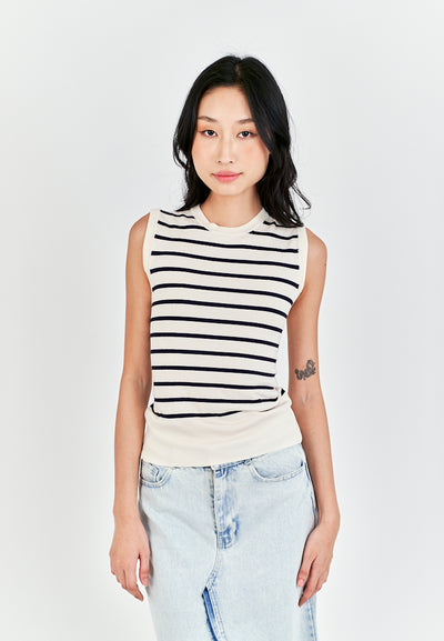 Riguel White with Black Stripes Round Neck Knitted Sleeveless Top