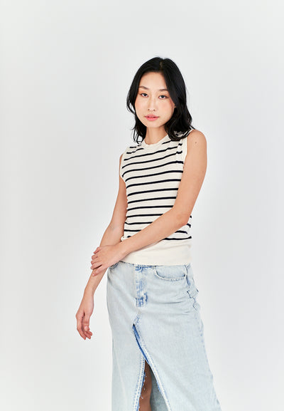 Riguel White with Black Stripes Round Neck Knitted Sleeveless Top