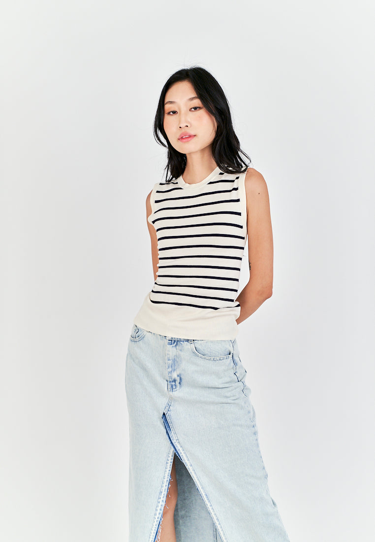 Riguel White with Black Stripes Round Neck Knitted Sleeveless Top