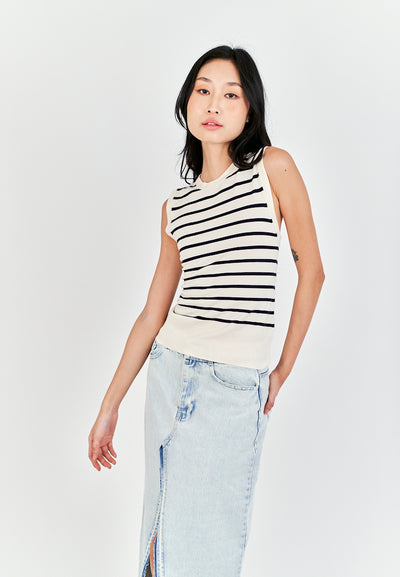 Riguel White with Black Stripes Round Neck Knitted Sleeveless Top