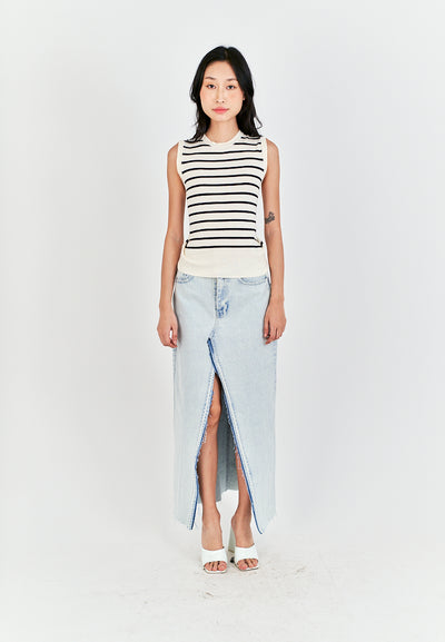 Riguel White with Black Stripes Round Neck Knitted Sleeveless Top