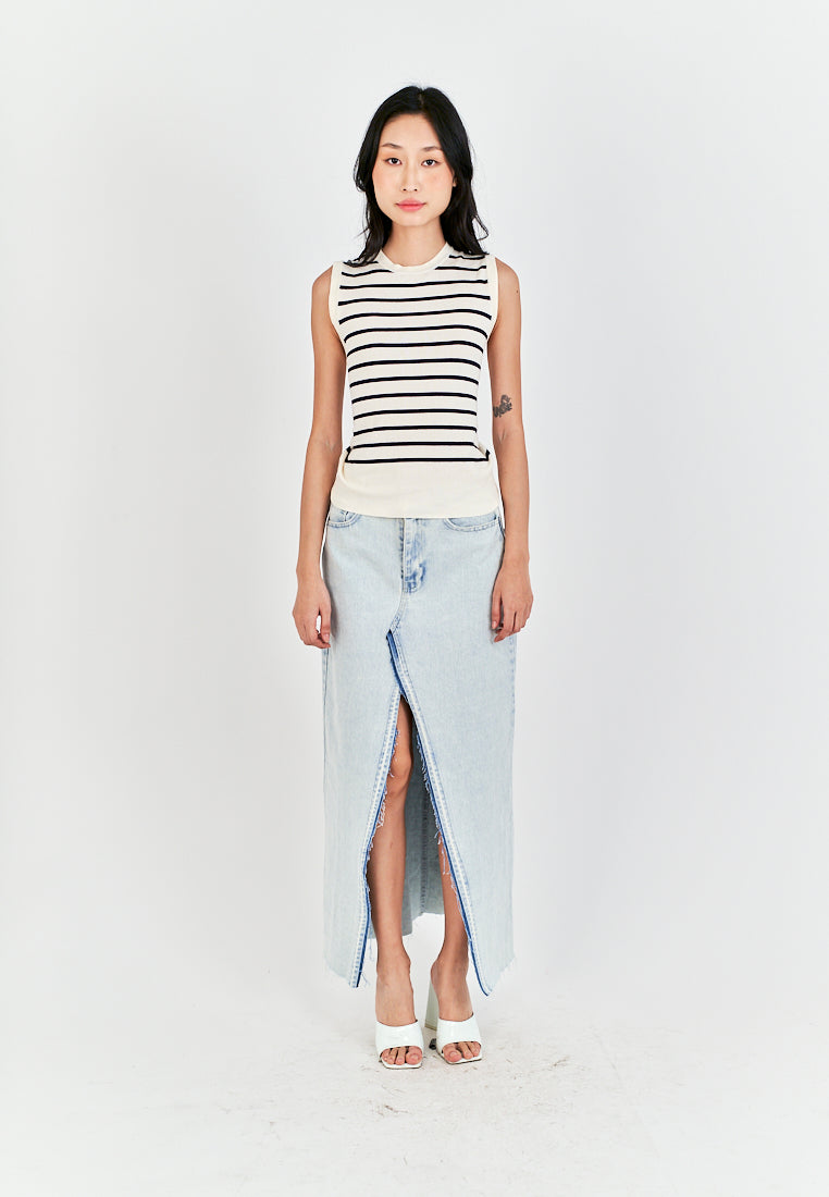 Riguel White with Black Stripes Round Neck Knitted Sleeveless Top