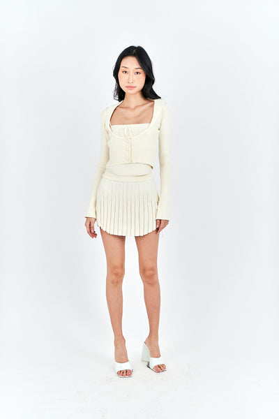 Nikko Cream Knitted Drawstring Waist Pleated Mini Skirt