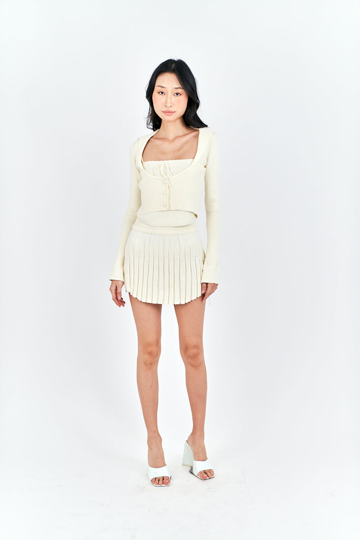 Nikko Cream Knitted Drawstring Waist Pleated Mini Skirt