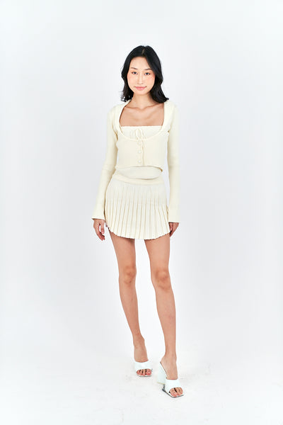 Nikko Cream Knitted Drawstring Waist Pleated Mini Skirt