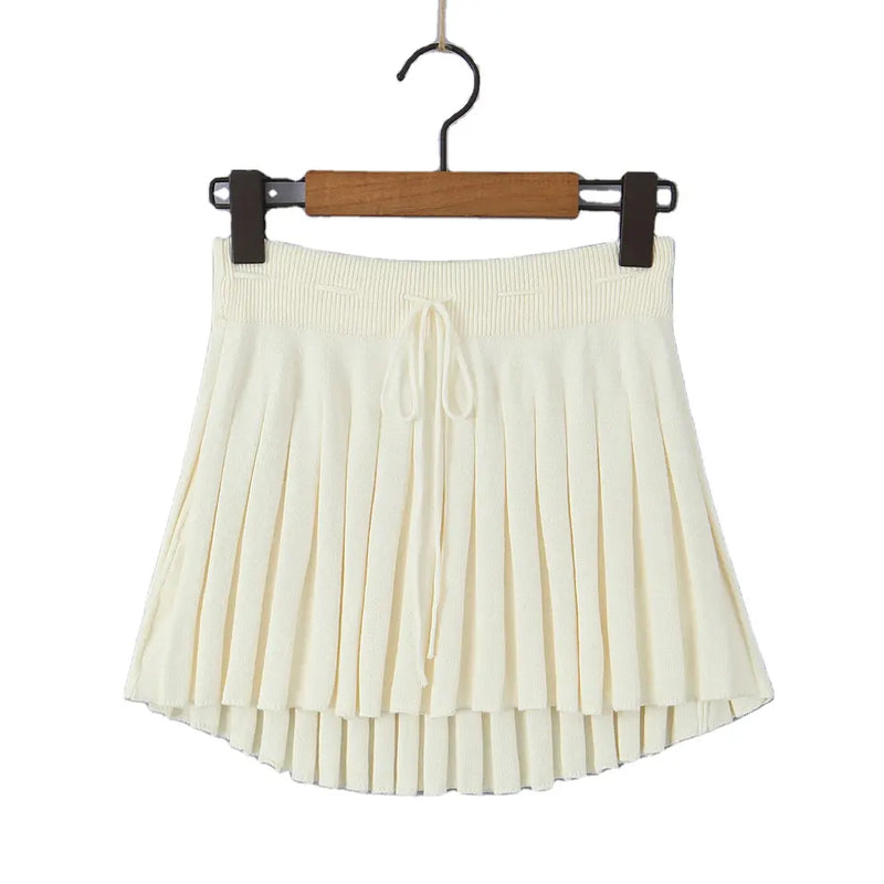 Nikko Cream Knitted Drawstring Waist Pleated Mini Skirt