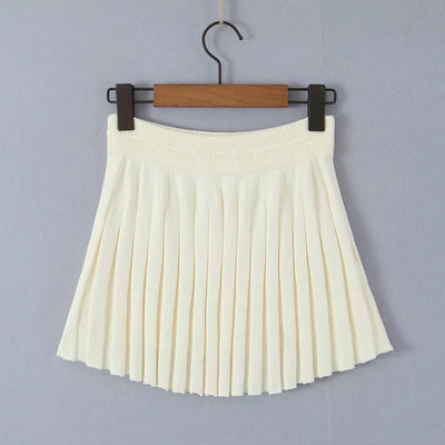 Nikko Cream Knitted Drawstring Waist Pleated Mini Skirt