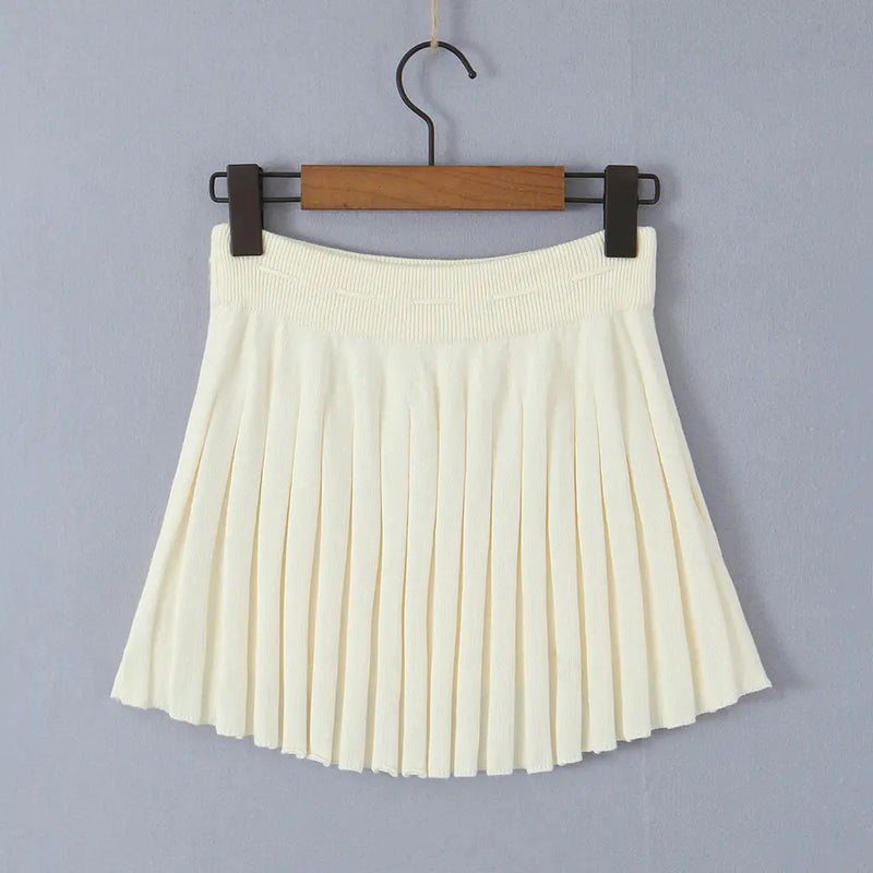 Nikko Cream Knitted Drawstring Waist Pleated Mini Skirt