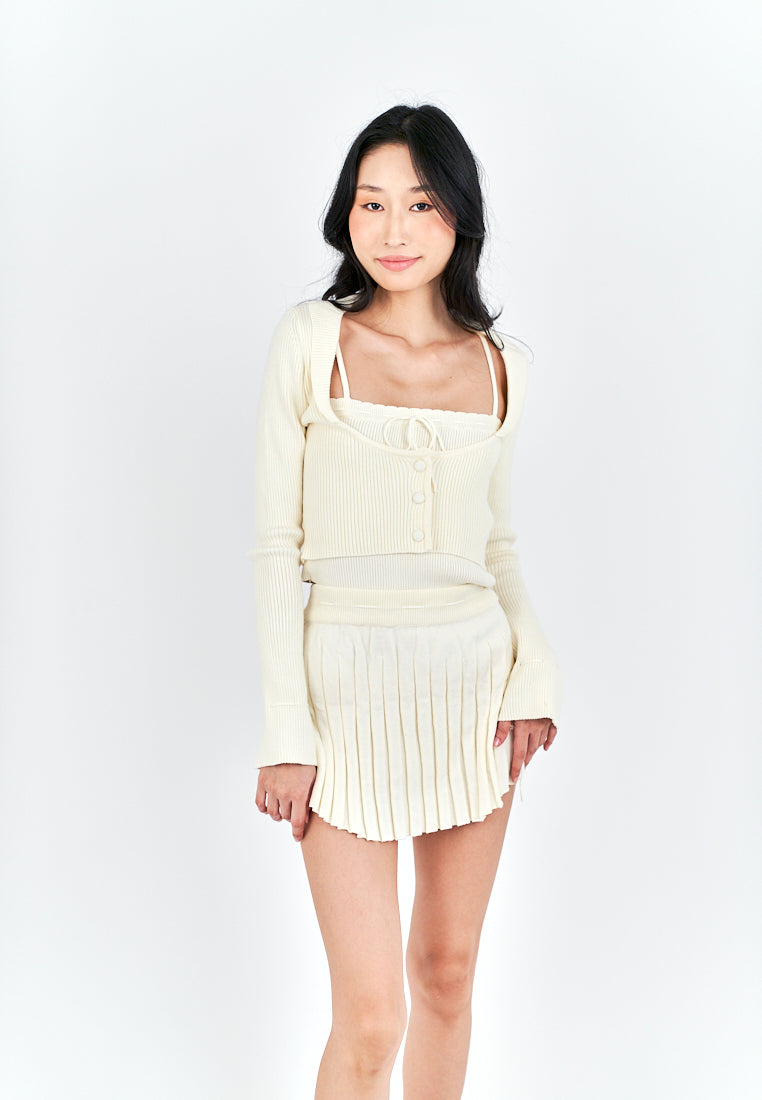 Nikolai Cream Knitted Button Low Neckline Long Sleeves Cardigan Top