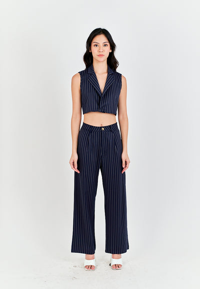 Royce Blue Stripes Notched Collar Waistcoat Top and Zipper Fly Casual Pants Set