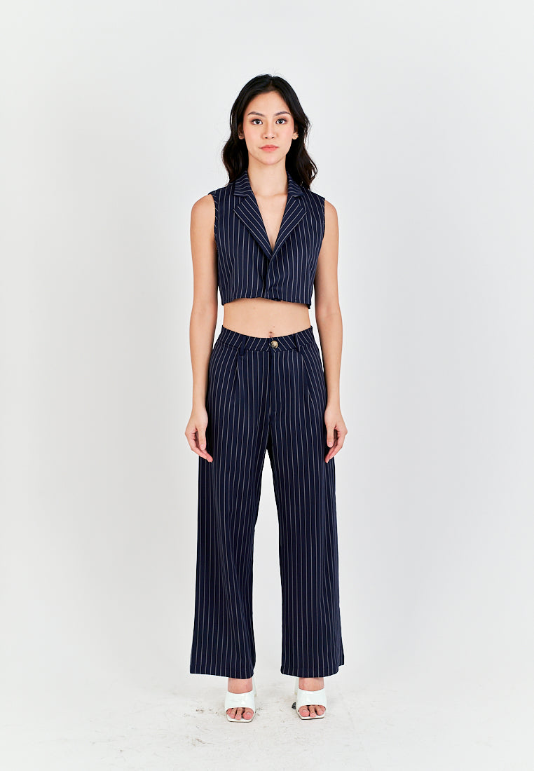 Royce Blue Stripes Notched Collar Waistcoat Top and Zipper Fly Casual Pants Set