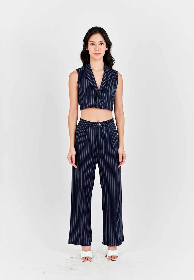 Royce Blue Stripes Notched Collar Waistcoat Top and Zipper Fly Casual Pants Set