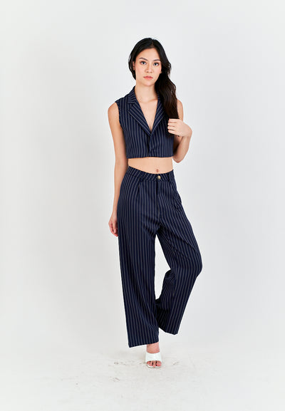 Royce Blue Stripes Notched Collar Waistcoat Top and Zipper Fly Casual Pants Set