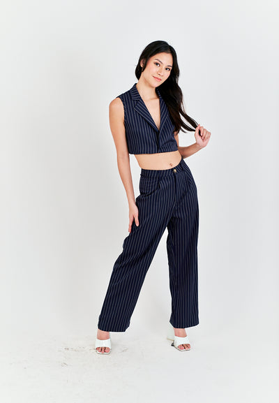 Royce Blue Stripes Notched Collar Waistcoat Top and Zipper Fly Casual Pants Set