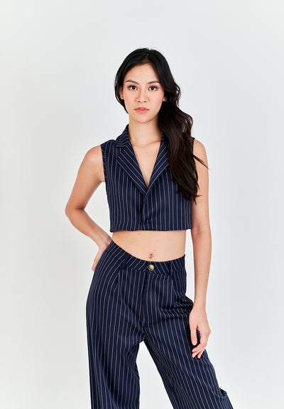 Royce Blue Stripes Notched Collar Waistcoat Top and Zipper Fly Casual Pants Set