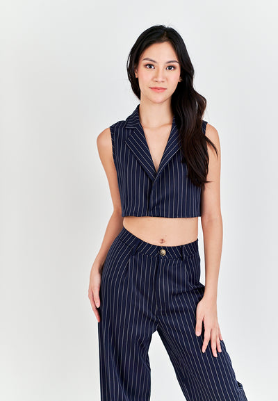 Royce Blue Stripes Notched Collar Waistcoat Top and Zipper Fly Casual Pants Set