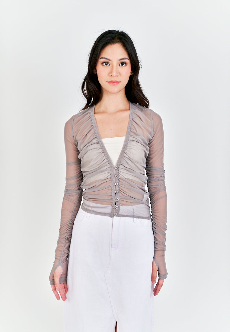 Brei Gray V Neck Buttons Up Pleated Long Sleeves Mesh Top